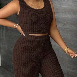 Textured Brown Two-Piece Tank & Pants Set